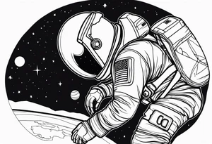 an astronaut hunched over in space from the back holding a planet tattoo idea