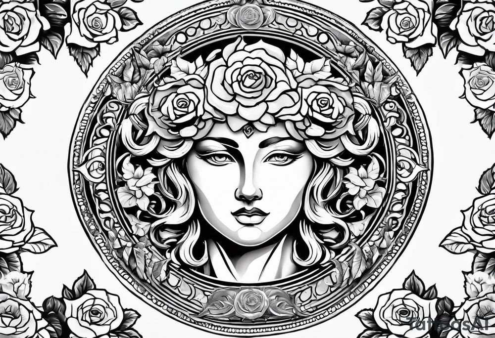 Circular shield with medusa's face surrounded by roses tattoo idea
