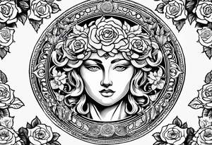 Circular shield with medusa's face surrounded by roses tattoo idea