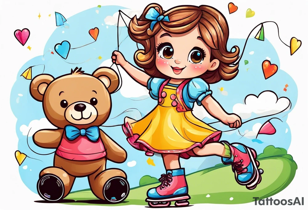 a little girl in a dress standing with a teddy bear in roller skates, flying a kite tattoo idea