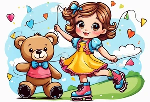 a little girl in a dress standing with a teddy bear in roller skates, flying a kite tattoo idea