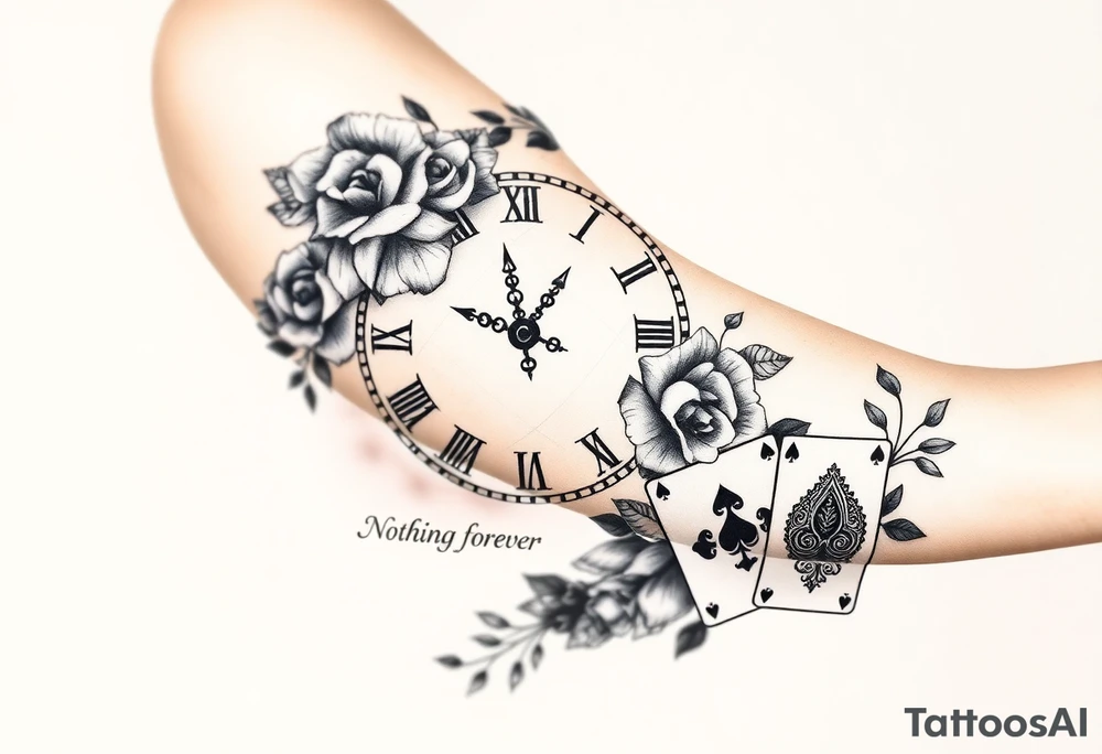 Roman clock with roses and a crown,  a quote that says nothings forever. and on the bottom a deck of cards tattoo idea