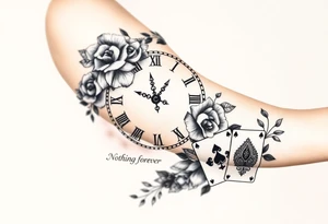 Roman clock with roses and a crown,  a quote that says nothings forever. and on the bottom a deck of cards tattoo idea