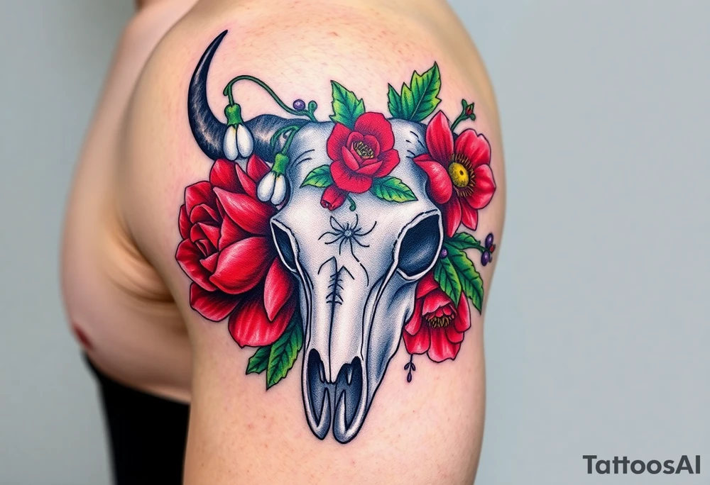 Buffalo or bison skull with flowers. Snow drop and red peony. Green holly with red berries, purple larkspur, red peony.  Colour. For upper arm or shoulder. Masculin. tattoo idea