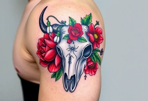 Buffalo or bison skull with flowers. Snow drop and red peony. Green holly with red berries, purple larkspur, red peony.  Colour. For upper arm or shoulder. Masculin. tattoo idea