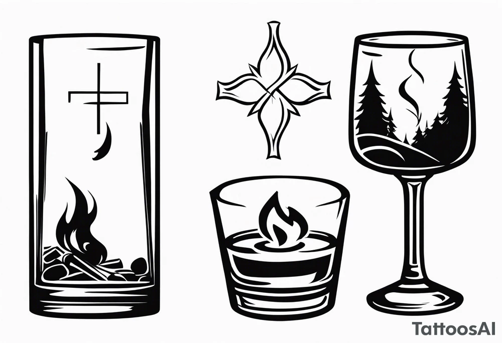 christian 
cross; campfire, golf, campfire, whiskey glass tattoo idea