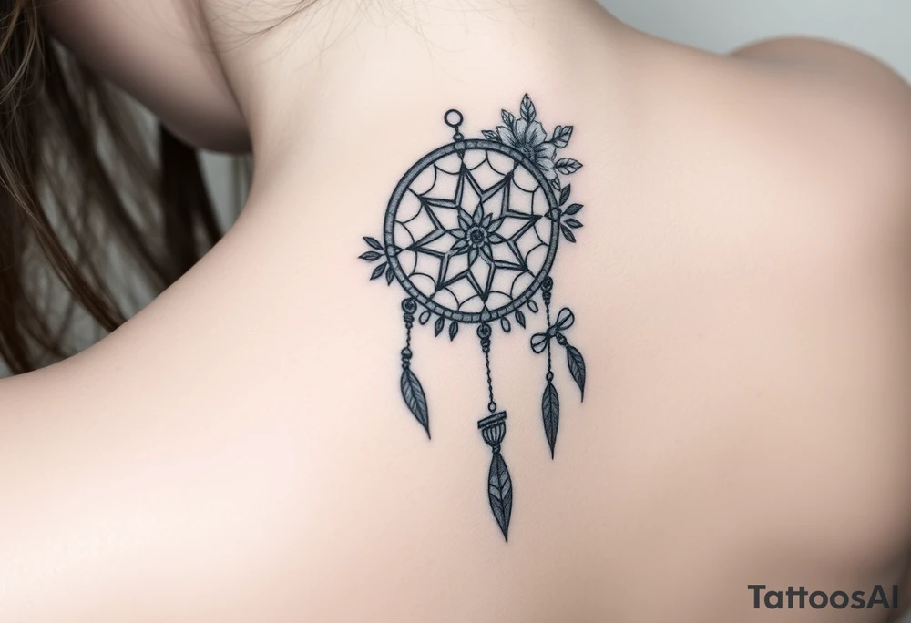 Boho dream catcher with compass and anchor Beautiful flowers and an ornamental chandelier like look tattoo idea
