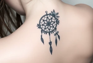 Boho dream catcher with compass and anchor Beautiful flowers and an ornamental chandelier like look tattoo idea