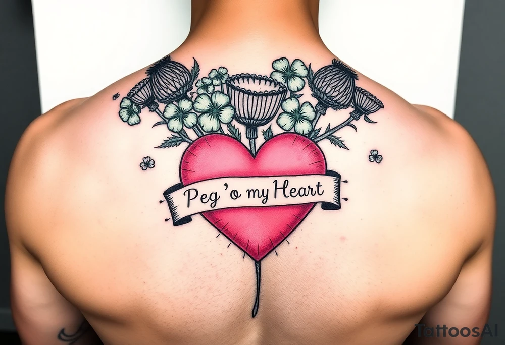 Bunch of Green shamrocks & thistles with a big pink heart and a banner across the heart that says " Peg 'o My Heart" tattoo idea
