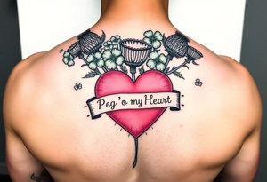 Bunch of Green shamrocks & thistles with a big pink heart and a banner across the heart that says " Peg 'o My Heart" tattoo idea