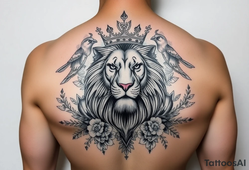 powerful majestic lion with a crown, surrounded by floral ornaments and birds tattoo idea