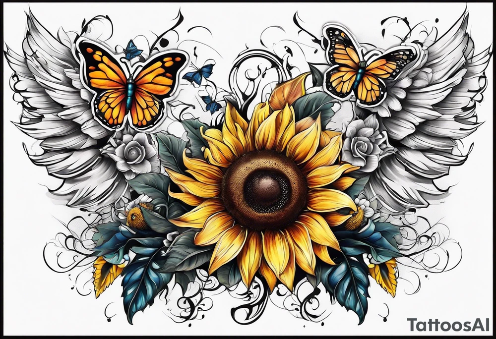 Arm sleeve with Winged cross with sunflower and butterflies tattoo idea
