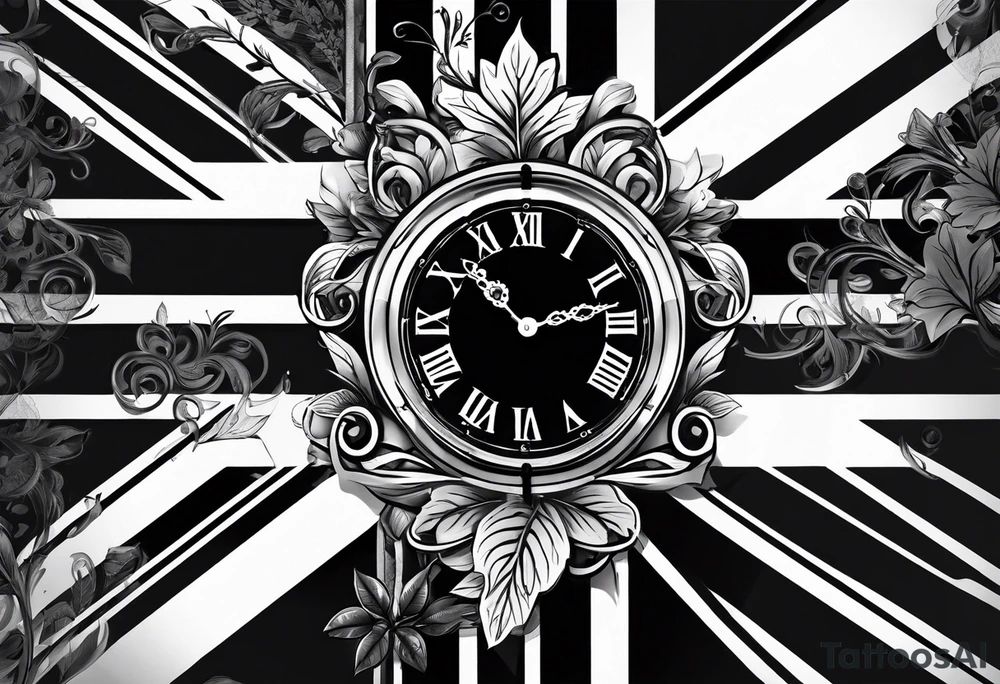 union jack key leaves clock tattoo idea