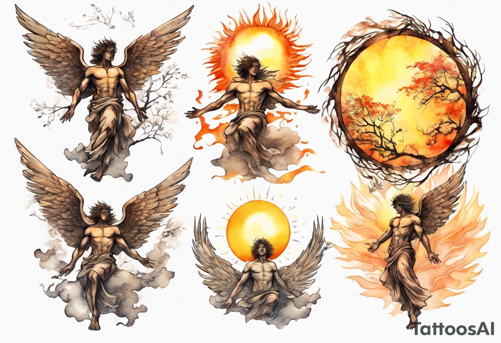 a bronze skinned male angel in front of a blazing sun looking down upon a tree tattoo idea