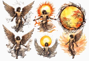 a bronze skinned male angel in front of a blazing sun looking down upon a tree tattoo idea