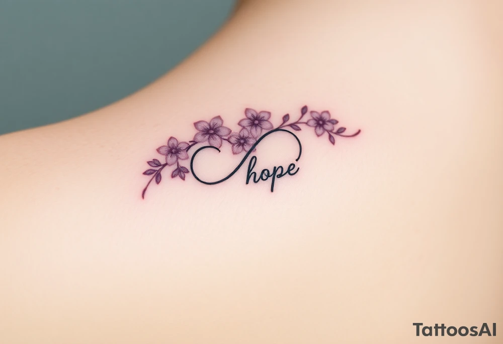 A delicate vine with intertwining flowers in shades of pink and violet, forming an infinity symbol and word "hope" tattoo idea