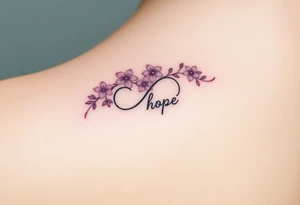 A delicate vine with intertwining flowers in shades of pink and violet, forming an infinity symbol and word "hope" tattoo idea