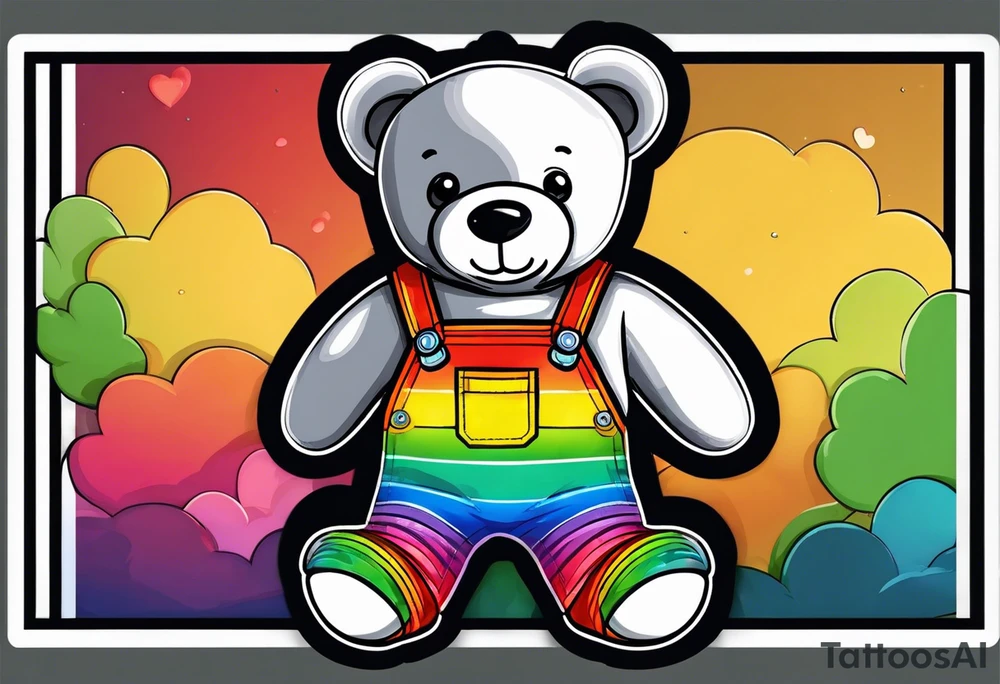 the back image of a grey teddy bear standing in rainbow overalls, white tank top, striped boots and holding his left arm up to hold a hand tattoo idea