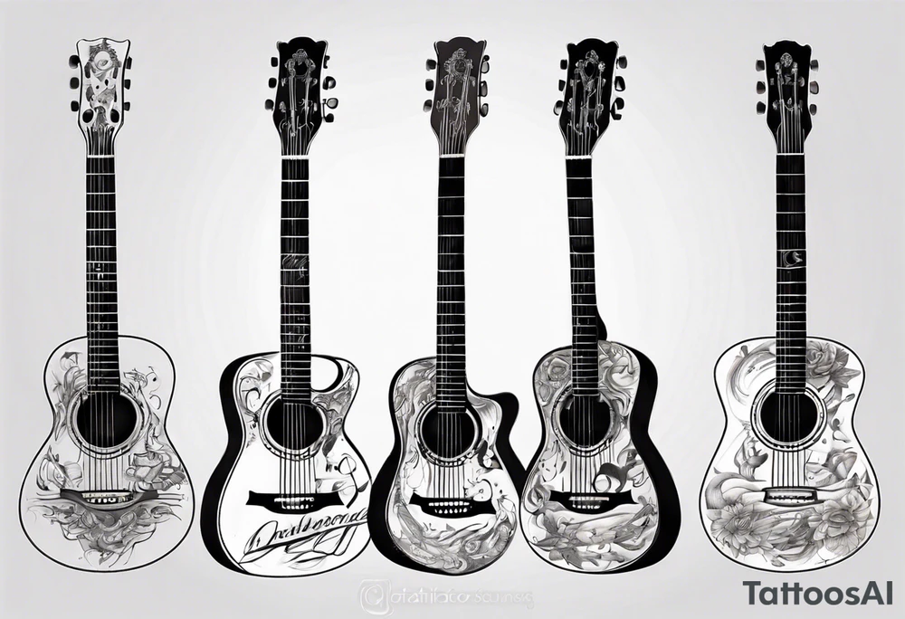 Acoustic Guitar neck with strings made of signatures emerging from skin tattoo idea