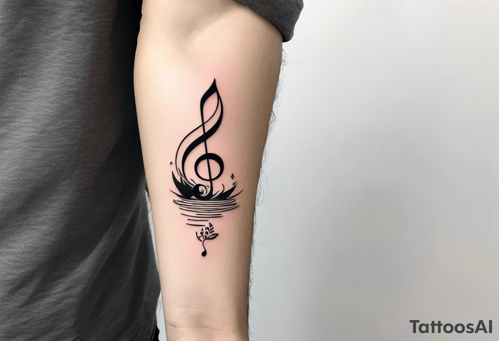 a line at the top of my arm (near the shoulder) with a music note on a staff at the top, a water wave below it, a pocket beneath it and the mushroom last - it's one line down the arm tattoo idea