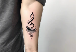 a line at the top of my arm (near the shoulder) with a music note on a staff at the top, a water wave below it, a pocket beneath it and the mushroom last - it's one line down the arm tattoo idea