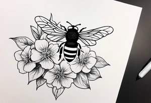 3 in by 2 in minimalist tattoo for forearm of a Hydrangea and a bee hovering by it tattoo idea