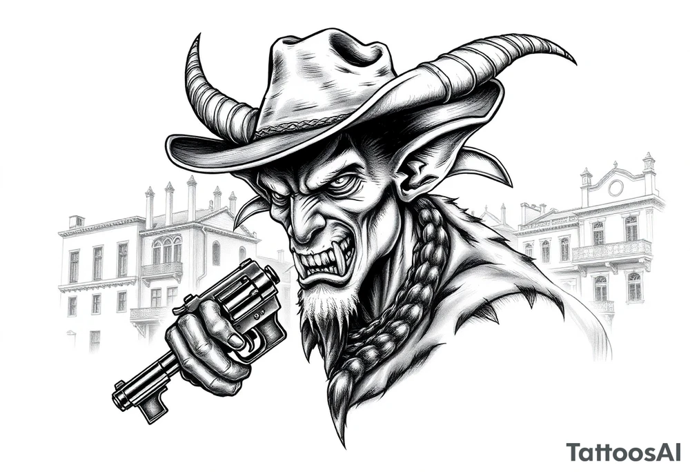 a demon with cowboy-hat ,a gun in a hand, old buildings in the background. tattoo idea