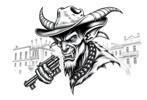 a demon with cowboy-hat ,a gun in a hand, old buildings in the background. tattoo idea