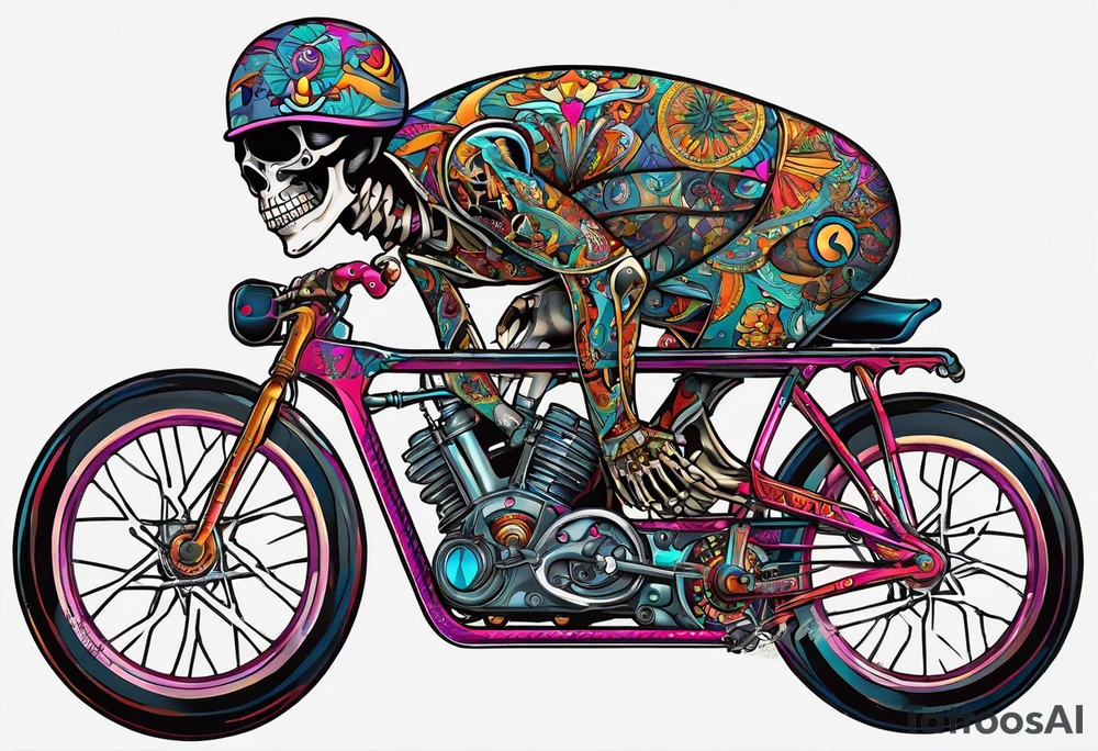 Skeleton rides a 21 speed racing bicycle with drop nars. The skeleton wears a 1980s style kit. There is no background image tattoo idea
