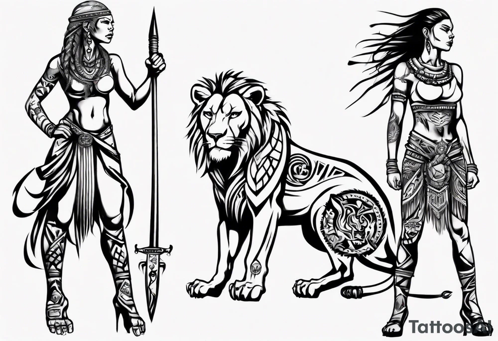 Lioness standing next to a warrior tattoo idea