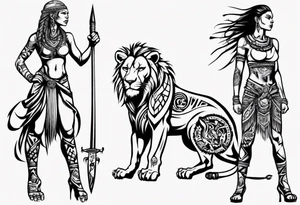Lioness standing next to a warrior tattoo idea