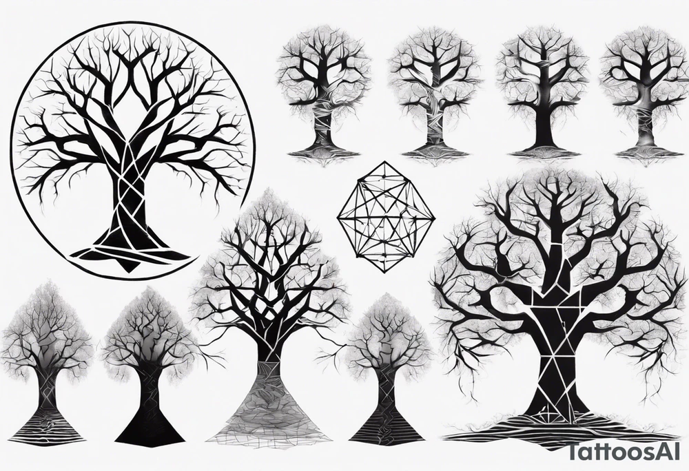 Tree with no leaves with it's main trunk main of DNA with geometic work on sides tattoo idea