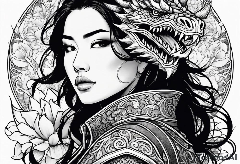 beautiful warrior woman wearing dragon armor and a floral background and a dragon a full picture tattoo idea