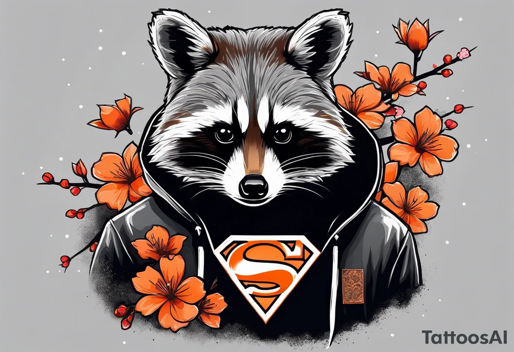 Raccoon wearing a white Superman logo on a black hoodie and orange Japanese cherry blossoms beside tattoo idea