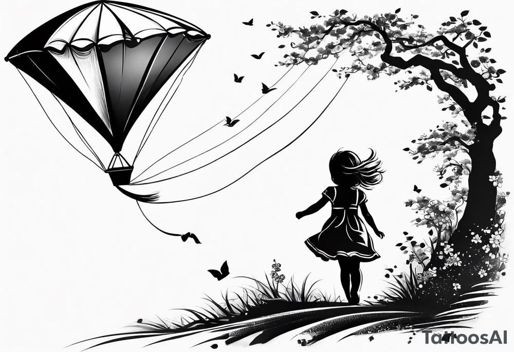 the back of a little girl in a dress, flying a kite tattoo idea