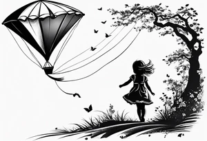 the back of a little girl in a dress, flying a kite tattoo idea