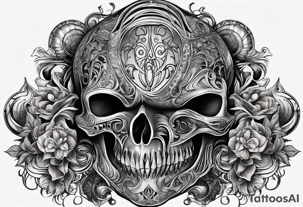 H.R. Giger skulls, water flow shapes, geometric shapes, flowers tattoo idea