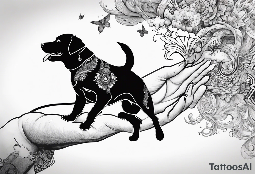 dog in the sky reaching hand of a woman and woman as her back facing us tattoo idea