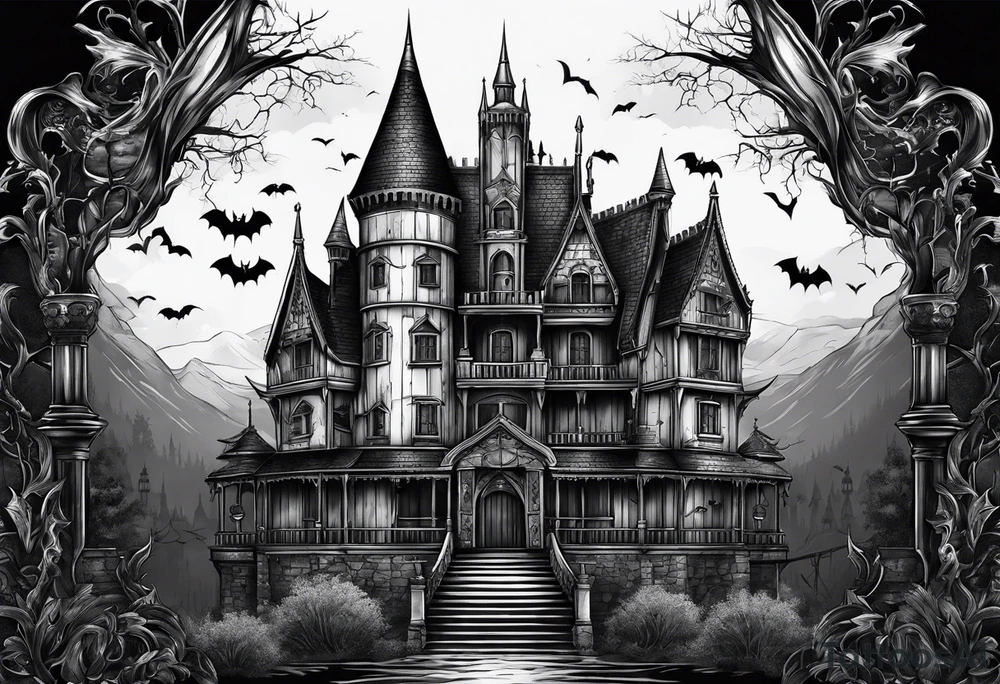 Vampire castle with bats tattoo idea