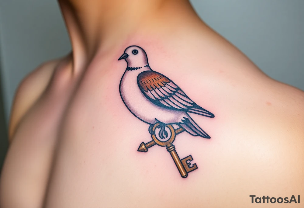 A collared dove perched on a vintage key, with the dove in soft browns and whites, and the key in antique gold, symbolizing love, protection, and freedom tattoo idea
