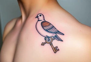 A collared dove perched on a vintage key, with the dove in soft browns and whites, and the key in antique gold, symbolizing love, protection, and freedom tattoo idea
