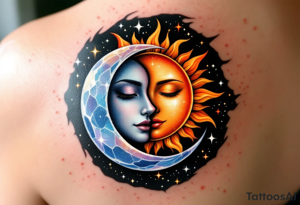 A celestial design featuring a sun and moon intertwined in an elegant dance, their forms forming a yin-yang-like balance. The sun is depicted in warm hues of golden yellow, orange, and fiery red, with rays that fade into soft, golden sparkles. The moon is shown in cool tones of silver, pale blue, and lavender, with a subtle shimmer effect that gives it a glowing, ethereal quality. Around the sun and moon are tiny, glowing stars in shades of white and light blue, scattered across a soft black or deep navy sky, creating a dreamy, otherworldly aura. tattoo idea
