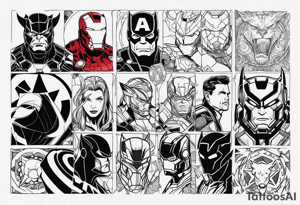 I want to change Avengers Team characters with animals. Hulk will be Badger, Thor will be Alpha Grey Wolf, Captain America will be Bull, Iron Man will be Canary, Black Widow will be Axolotl, Hawk Eye will be Sudan Plated Lizard and Nick Fury will be Cat. tattoo idea
