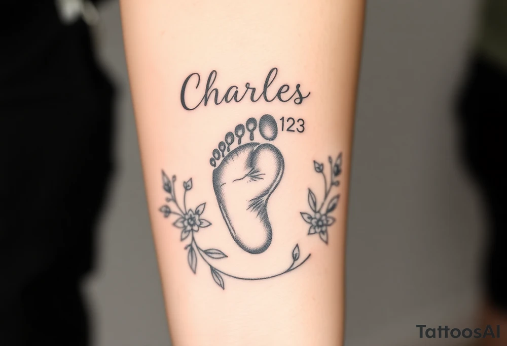 baby footprint print with the name Charles above it, the date 1-14-23 below it and surrounded by floral vines on a forearm tattoo idea