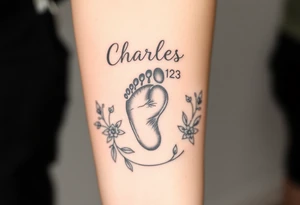 baby footprint print with the name Charles above it, the date 1-14-23 below it and surrounded by floral vines on a forearm tattoo idea