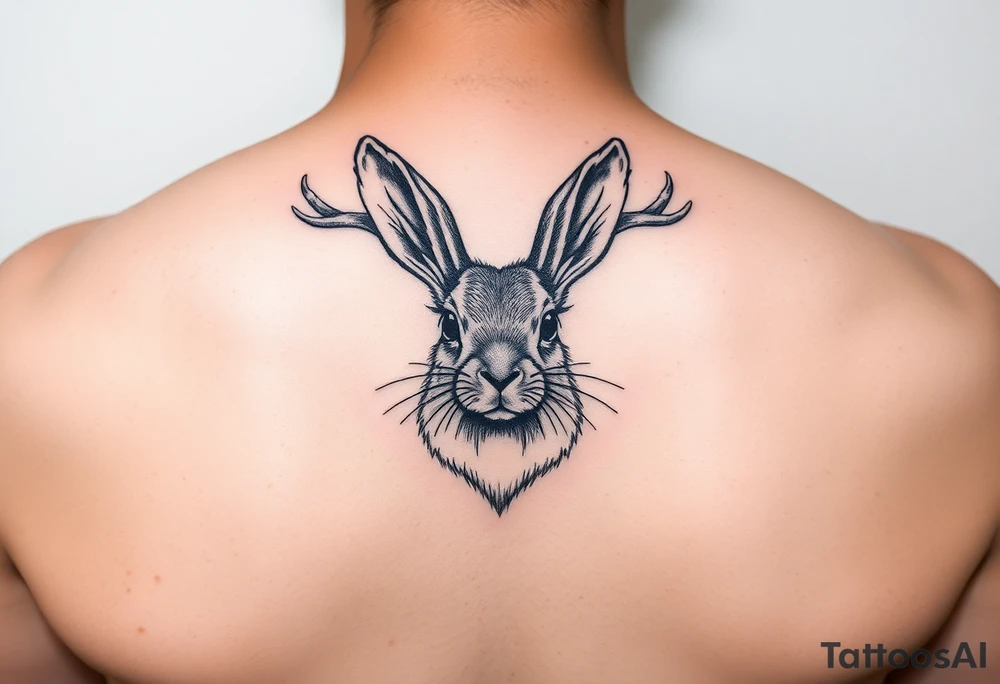 abstract jack rabbit with antlers coming out from its head, between the ears tattoo idea