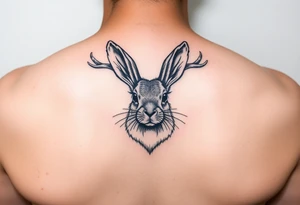 abstract jack rabbit with antlers coming out from its head, between the ears tattoo idea
