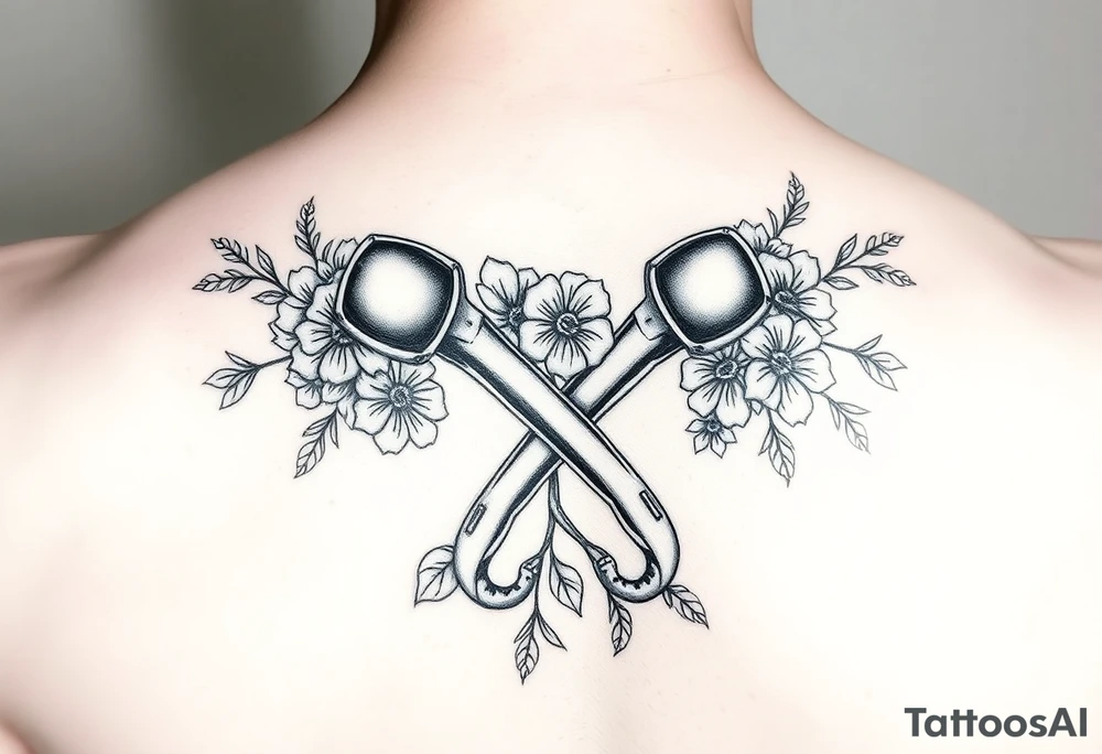 2 pistons crossed together with flowers and vines tattoo idea