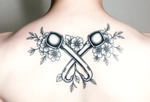 2 pistons crossed together with flowers and vines tattoo idea