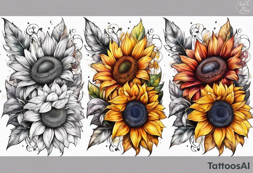 Arm sleeve Foral sunflower and roman numeral tattoo idea